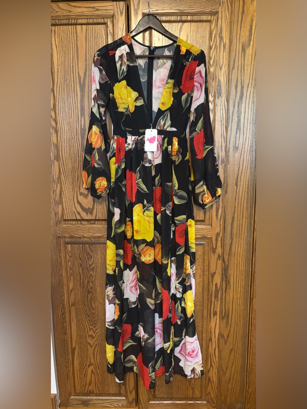 L'ATISTE Black Floral Maxi Dress with Yellow, Red & Pink Roses